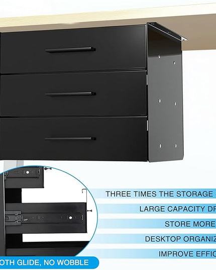 Menkxi 16 Inch Slide out Under Desk Drawer 3 Layer Pull out Desk Organizer Storage Metal Mounted Sliding Hidden Under Counter for Writing Office Sit Stand Workstation, Vertically Stacked, Black