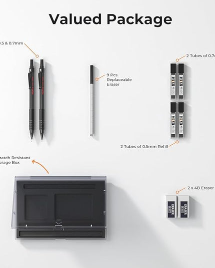 Nicpro 2 PCS Mechanical Pencil 0.5mm & 0.7 mm with Case, MP1000 Metal Artist Pencil Set with 4 Tubes HB Lead Refills, 2 Erasers, 9 Eraser Refills For Art Writing Drafting, Drawing, Sketch, Black