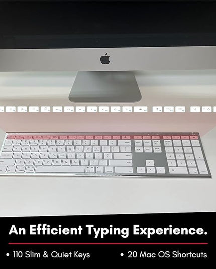 Macally Wireless Bluetooth Keyboard for Mac - Compatible Apple Keyboard or MacBook Pro/Air, iMac - Multi-Device, Up to 3 Devices with 110 Keys, 20 Shortcuts, Numeric Keypad, and Rechargeable - Silver