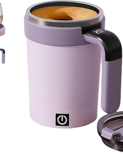 Self Stirring Coffee Mug with Lid,304 Stainless Steel Self Stirring Cup,Rechargeable Coffee Mug with Temperature Display,Suitable for Home and Office (Purple)
