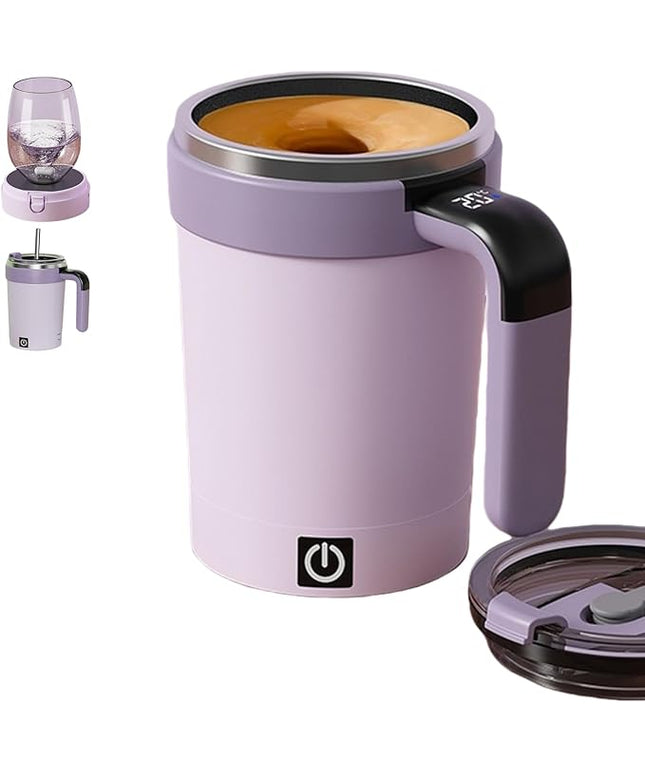 Self Stirring Coffee Mug with Lid,304 Stainless Steel Self Stirring Cup,Rechargeable Coffee Mug with Temperature Display,Suitable for Home and Office (Purple)