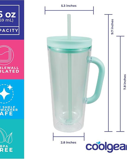 COOL GEAR 3-Pack 26 oz Spritz Tumbler with Straw and Handle | Pressure Fit Lid, Colored Re-Usable Tumbler Water Bottle with Straw and Handle - Cool Grey Pack