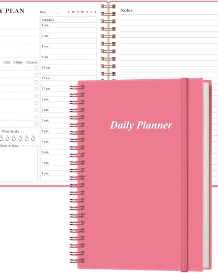 Daily Planner Undated - A5 To Do List Notebook Hourly Schedules, Spiral Appointment Planner for Women and Men, PVC Hardcover, Inner Pocket, Elastic Closure, 5.8" x 8.3", Pink