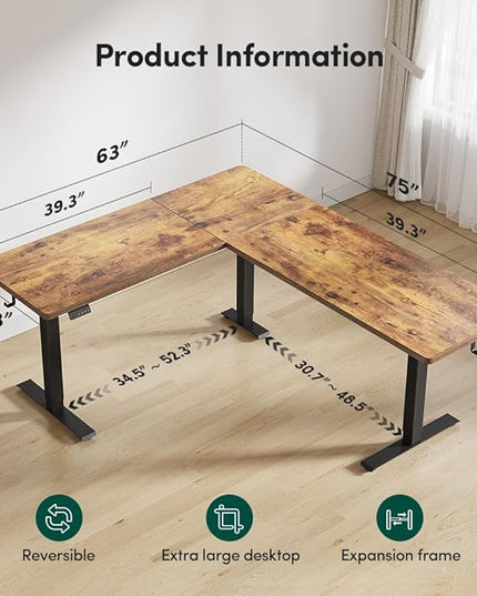FEZIBO 75x63 L Shaped Standing Desk, Electric Height Adjustable L Shaped Desk, Suitable for Home Office, Vintage-Brown