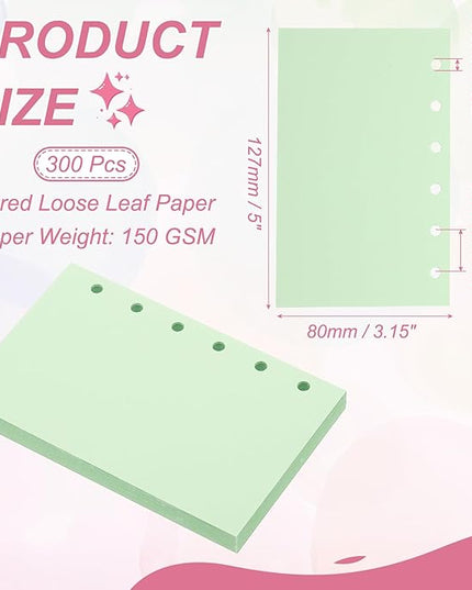 PATIKIL Colored Loose Leaf Paper, 5" x 3.2"(A7) 300 Sheets 6 Holes Punched 150GSM Blank Binder Refill Paper Supplies for Office Note Taking Teacher Planner Journal Notebook, Light Green