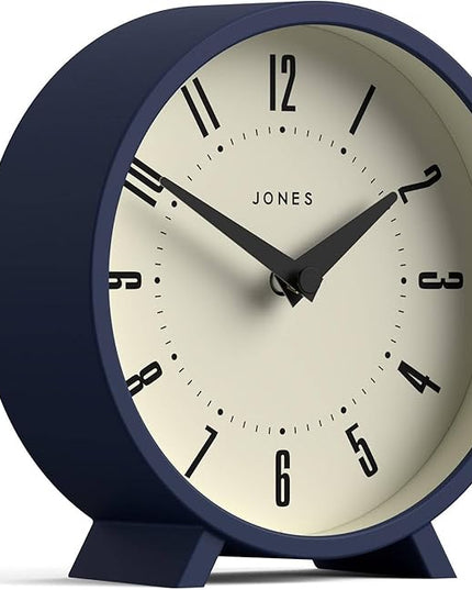 JONES CLOCKS® Venus Desk Clock | Modern Round Design | Blue | Stylish Retro Look for Shelf, Table, Mantel or Bedside