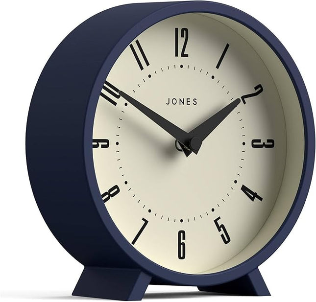 JONES CLOCKS® Venus Desk Clock | Modern Round Design | Blue | Stylish Retro Look for Shelf, Table, Mantel or Bedside