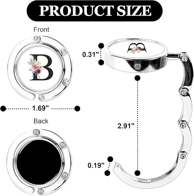 XSUIOY 3Pcs Personalized Initial Foldable Purse Hook for Table,Crushed Flower Letters Folding Purse Hanger,Purse Holder Handbag Hanger Collection Desk Table Bag Hooks Gifts for Women Bag(Black-B)