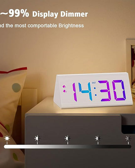 Wooden Digital Alarm Clock with Dual USB Charging Ports, DST, Dimmable, Snooze, RGB Colors, Modern Large Time Display LED Clock for Kids Bedrooms, Living Room, Desk, Table, Bedside, Nightstand (White)