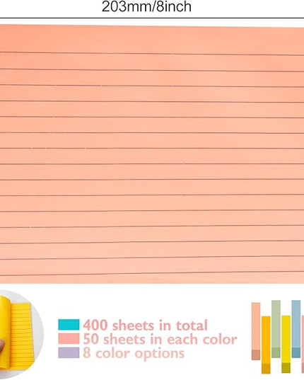 Lined Lined Self Stick 6 x 8 in Post,8 Pack Large Ruled Post Stickies,Ruled Stickies Super Sticking Power Memo Pads Strong Adhesive,Sticky Notes with Lines for Home,Office,School,50 Sheets/pad