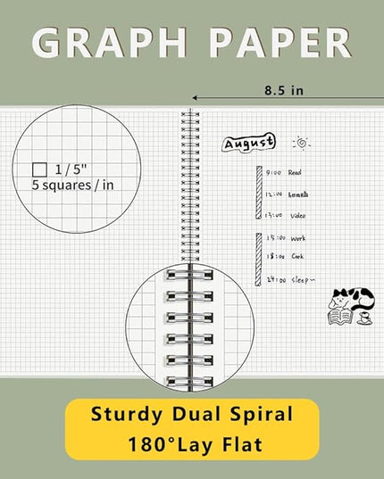 WRENBEN Graph Paper Spiral Notebook 8.5 x 11 Inches 240 Pages, A4 Grid Journal with 120gsm Thick Graphing Paper, Large Math Notebook 1/5 Inch Squares with Water-proof PVC Cover (3 Pack, A4)