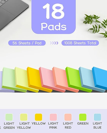 (18 Pads) Sticky Notes 3x3 inch, Self-Stick Pads Pastel Colors Sticky Note, Recyclable, Easy to Post for Home, Office, Notebook