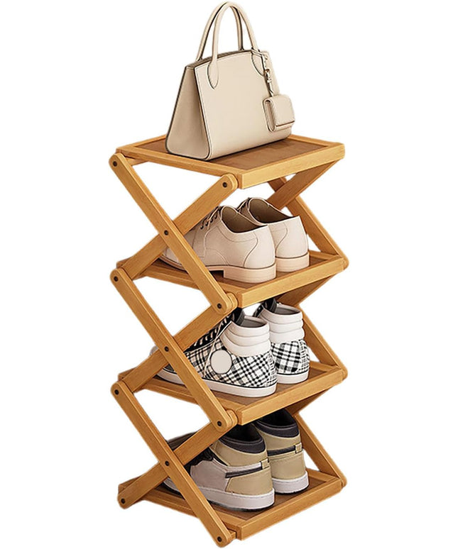 YYW Shoe Rack, Foldable Shoes Organizer Free Standing Shelf for Entryway, Closet, Hallway, Foldable X Shape Multi Tier Shoe Rack (Wood Color,4 Layers)
