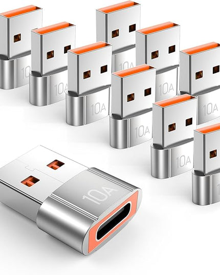 10Pack 200W USB C to USB Adapter, with Fast Charging & 480MB Data Transfer, USB C Converter for Apple Watch Ultra iWatch Series 8 7,iPhone 16 15 Plus Pro Max,Silver
