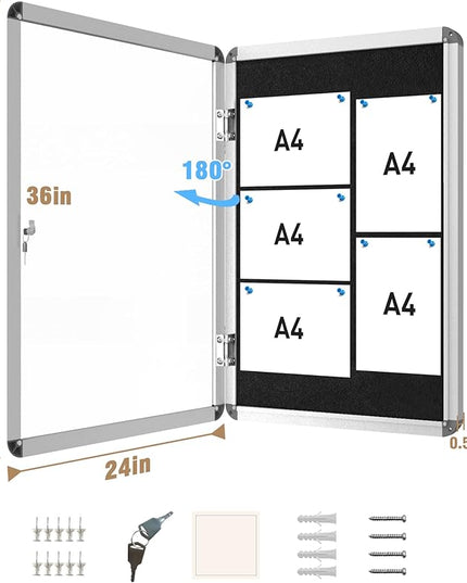 Mifuro 36"x24" Enclosed Bulletin Board, Lockable Weather-Resistant Aluminum Cork Noticeboard for School & Office, Silver Frame w/Black Flet