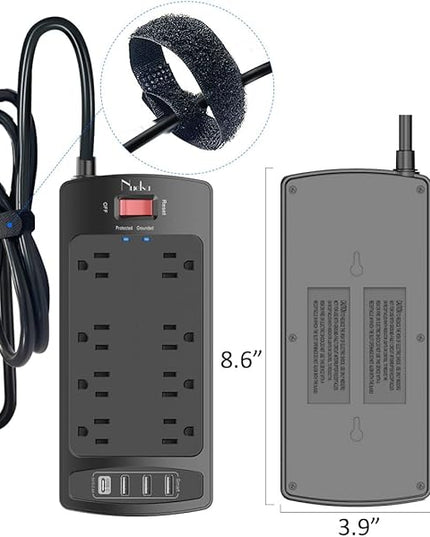 Surge Protector Power Strip - Nuetsa Flat Plug Extension Cord with 8 Outlets and 4 USB Ports, 6 Feet Power Cord (1625W/13A), 2700 Joules, ETL Listed, Black