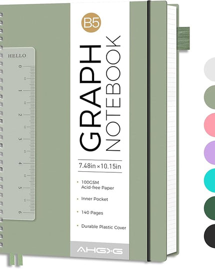 AHGXG Graph Paper Notebook - Spiral Notebook Journal 7.6" x 10", B5 Large Graph Notebook, 140 Pages, 100 gsm Thick Grid Paper, Waterproof Plastic Cover, for School Writing Engineering, Sage Green