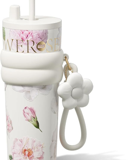 24 oz Stainless Steel Tumbler with Lid and Straw, Insulated Coffee Mug, Leak Proof, Portable Iced Travel Water Bottle, Reusable Thermal Coffee Cup, Floral White