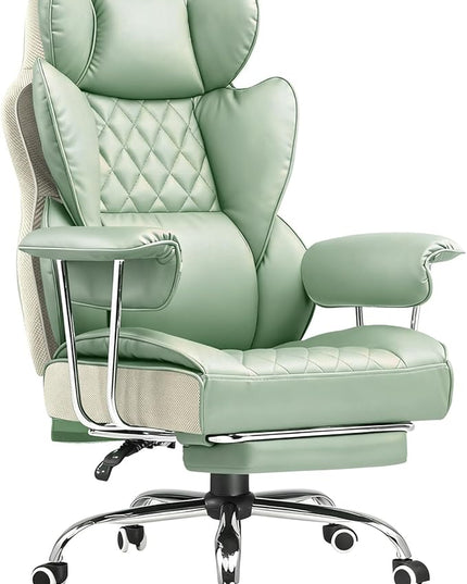 COMHOMA Big and Tall Office Chair, High Back Leather Gaming Chair with Footrest, Executive Ergonomic Office Chairs with Pocket Spring Lumbar Support and with Outward Fixed Soft Armrests