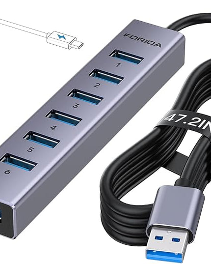 FORIDA Aluminum Alloy 8 Port USB Hub Long Cable USB Splitter with 7-USB3.0 Data Ports and TypeC 5V/3A Power Port Compatible with MacBook, Laptop,Surface Pro, PS5, PC and More (Gray, USB A-47in)