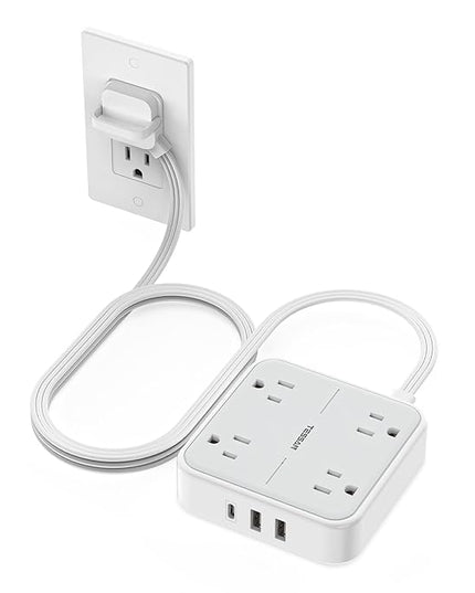 Flat Plug Extension Cord 5 Ft, TESSAN Surge Protector Power Strip Ring Pull with 3 USB (1 USB C) 4 Outlets, 900 Joules Protection, Desktop Charging Station for Home, Office, College, Dorm Room, Gray