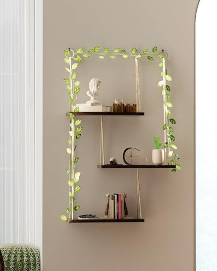 Hanging Shelves for Wall, 3 Tier Boho Wall Decor Hanging Shelf with Vine Lights, Rope Rustic Wood Floating Shelves Floral Plant Decor for Bedroom Living Room Dorm Office Women