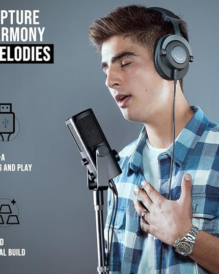 FIFINE USB-Podcast-Condenser-Microphone for Studio-Recording/Computer-Streaming, Desktop-Metal-Mic for YouTube Music Vocal Creation, with Monitor-Mix Volume-Control, Low-Cut Switch (PROFILE3)