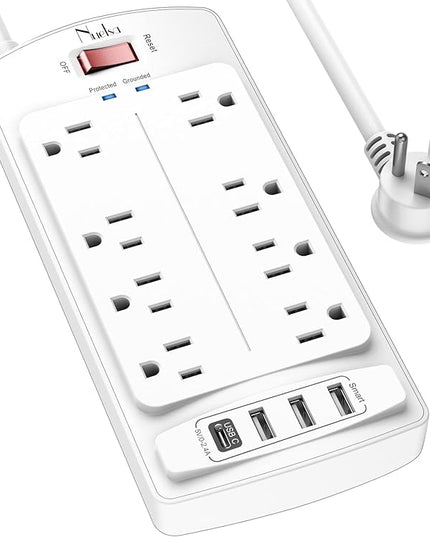 6FT Surge Protector Power Strip, Nuetsa Extension Cord with 8 Outlets and 4 USB Ports, 6 Feet Power Cord (1625W/13A), 2700 Joules, ETL Listed, White