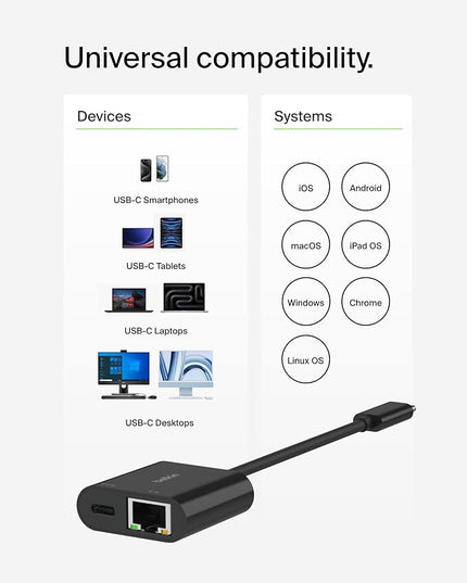 Belkin Connect USB-C to Ethernet + Charge Adapter 100W w/Gigabit Ethernet Port and USB-C Port - 10/100/1000 Mbps for Fast Internet Connection - Compatible with iPhone 17, Samsung Galaxy S25, & More