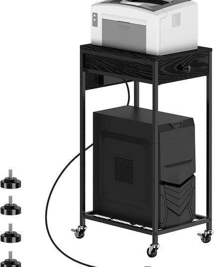 2 Tier Computer Tower Stand with Drawer, CPU Holder Stand with Charge Station and USB Charging Port, Printer Cart with Wheels for Home Office Fax, Black