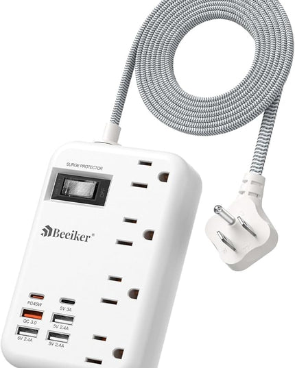 45W USB C Surge Protector Power Strip, Travel Power Strip with 6 USB(2 USB C) Ports and 4 Outlets,5Ft Flat Plug Braided Extension Cord, PD 45W Fast Charging for MacBook Laptops iPad Pro iPhone Samsung
