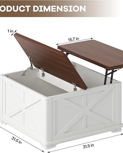 Airynee Farmhouse Coffee Table with Hydraulic Lifter, Square Coffee Table with Large Hidden Storage Compartment for Living Room, Wooden Coffee Tables with Brown Flip-Top Lids for Home Office, White