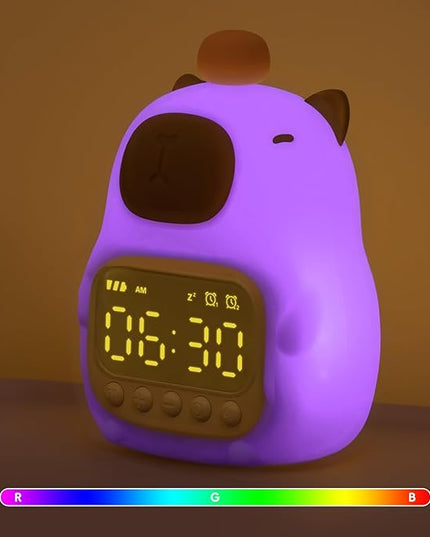 Capybara Alarm Clock with Night Light for Kids, Cute Toddler Alarm Clocks for Bedrooms Ok to Wake Clocks for Girls and Boys, Silicone Animal Tabletop Lamp for Kid, RGB Color