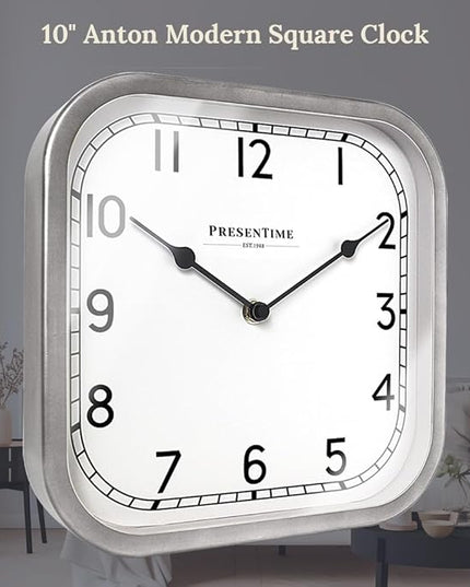 Presentime & Co 10" Anton Vintage Square Clock, Silent No Ticking, Wall & Mantel 2 in 1, Desk and Shelf Clock, Tabletop Décor, Modern Silver Color