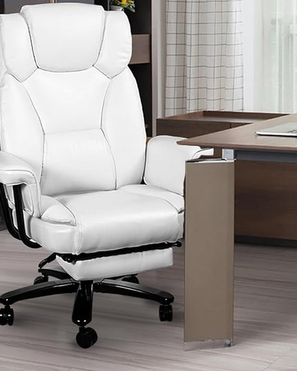 Reclining Office Chair with Footrest, Big and Tall Home Office Desk Chairs 400lbs with High Back, Criss Cross Wide Seat, Heavy Duty Base, Pu Leather, White