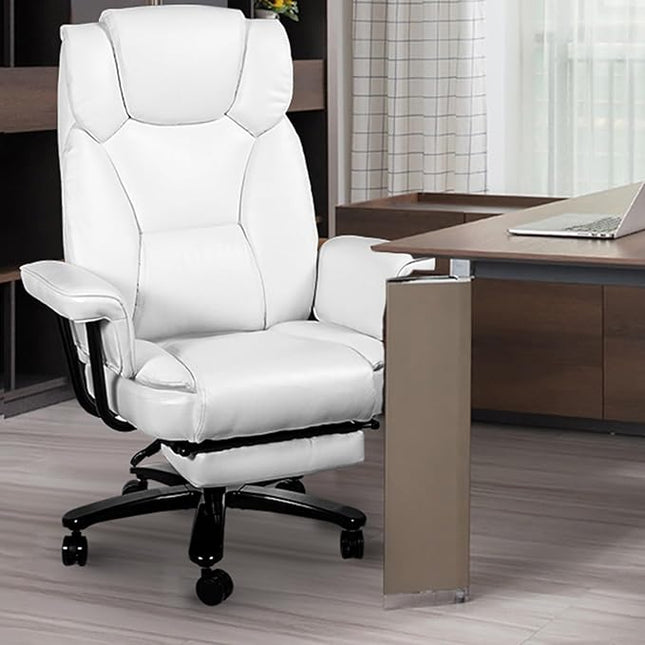 Reclining Office Chair with Footrest, Big and Tall Home Office Desk Chairs 400lbs with High Back, Criss Cross Wide Seat, Heavy Duty Base, Pu Leather, White