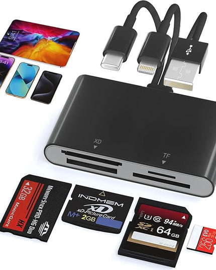 Memory Card Reader - 4 in 1 SD/MicroSD/MS/XD Card Reader Memory Stick Pro Duo Adapter for Sony Cybershot SD, Lightning/USB-C/USB-A Triple SD-Card Reader for iPhone 17/16/15/14/iPad/PC/Android/Camera