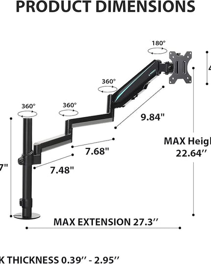 EUREKA ERGONOMIC Single Monitor Desk Mount, Adjustable Gas Spring Monitor Arm for LCD PC Screen 13-32 inch, Max 17.6 LBS, Computer Monitor Stand W C Clamp & Grommet Base, VESA 75x75mm,100x100mm, Black