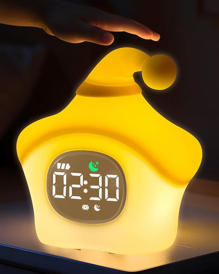 Star Alarm Clock with Night Light for Kids with Sleep Training and Sound Machine, Rechargeable Silicone Lamp OK to Wake Clock，Cute Animal Tabletop Lamp, Perfect Sleep Companion for Boys Girls, Yellow