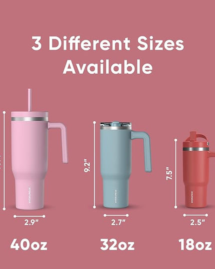 Hydrapeak Voyager 40 Oz Stainless Steel Tumbler with Handle, Insulated Water Bottle With Straw & Lid, Cupholder Friendly Reusable Travel Mug (Hot Pink)