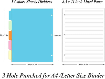 3 Hole Lined Paper for A4 Binder - 50 Sheets/100 Pages Loose Leaf Paper Line Refills, 5 Sheets Dividers, 8.5" x 11"