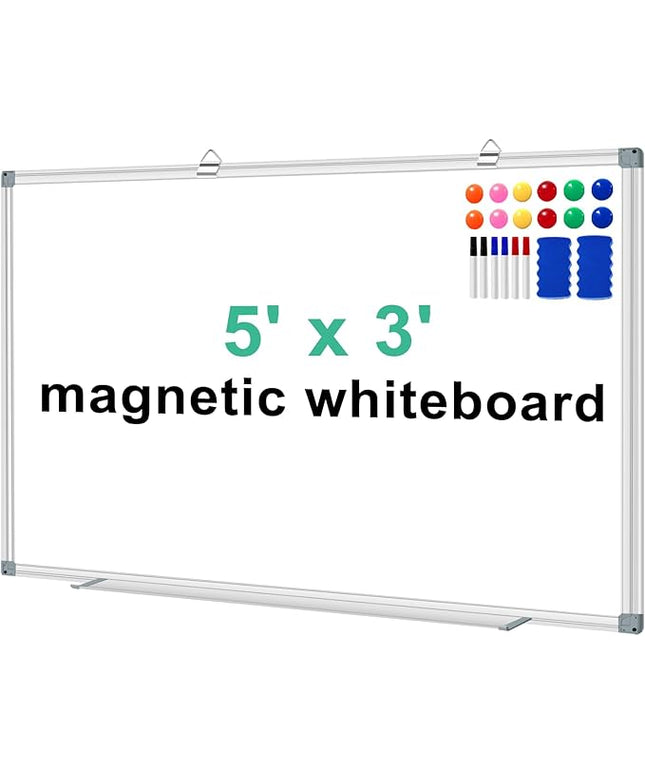 H-Qprobd White Board Dry Erase Boards for Wall 5' x 3' Magnetic Whiteboard - 60"x36" Aluminum Presentation Large Whiteboard with Long Pen Tray, 6 Markers, 2 Erasers &12 Magnets