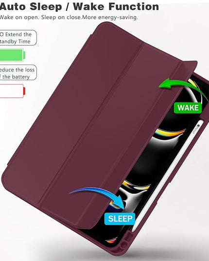 ZryXal iPad Pro 11 Inch Case (M5) 2025/ (M4) 2024 (Model: A2836/A2837/A3006), Trifold Stand Smart Cover with Pencil Holder and Soft TPU Back, Auto Wake/Sleep (Wine)