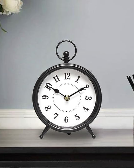MACVAD Vintage Black Table Clock on Stand, Decorative Desk and Shelf Clock，Decorative Battery Operated Table Top Clock for Living Room，Silent Non-Ticking(Small)
