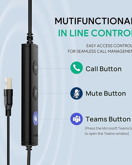 Yealink UH36 Professional USB Headset, Wired Headphones for Computer PC Laptop Work Headset with Noise Canceling Mic for Call and Music（for Teams Certified, Stereo,3.5mm Jack/USB Connection）