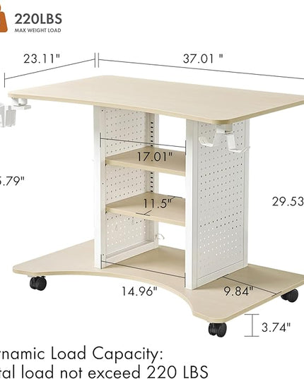 EUREKA ERGONOMIC Gaming Desk Computer, 37" Rolling Desk on Wheels for Small Space, Mobile Computer Cart with Pegboards Adjustable Shelves for Gaming PS Switch, Craft Station, Home Office - Maple