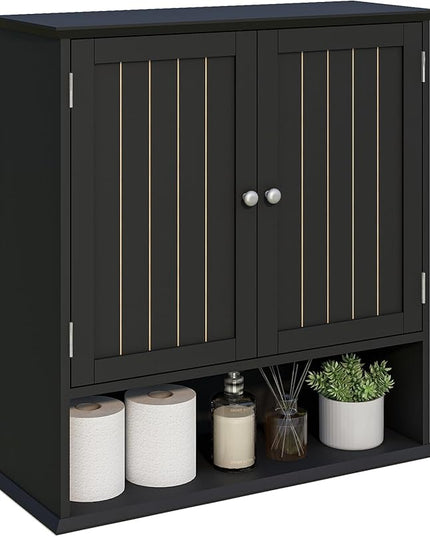Over The Toilet Bathroom Wall Cabinet with 2 Doors & Open Shelf – Space Saving Medicine Cabinet, Wooden Wall Mounted Storage Cupboard for Bathroom Organization Black