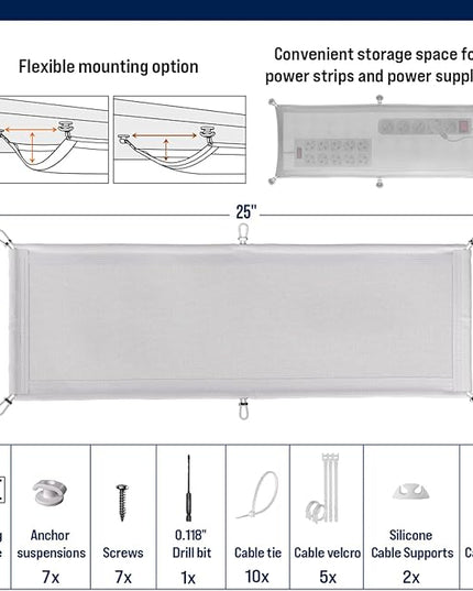 Cable Management net - Under Desk Wire Management - Flexible Under Desk Cable Management Tray White