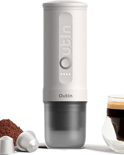OutIn Nano Portable Electric Espresso Machine, Travel Coffee Maker for Camping, Car Coffee Maker Self-Heating with USB-C, With Ground Coffee & NS Capsule for RV, Hiking, Office