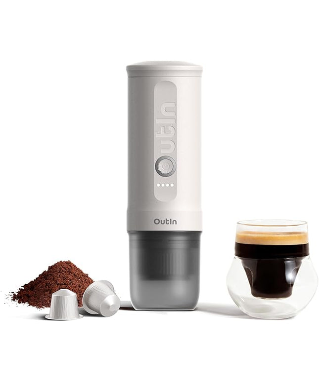 OutIn Nano Portable Electric Espresso Machine, Travel Coffee Maker for Camping, Car Coffee Maker Self-Heating with USB-C, With Ground Coffee & NS Capsule for RV, Hiking, Office